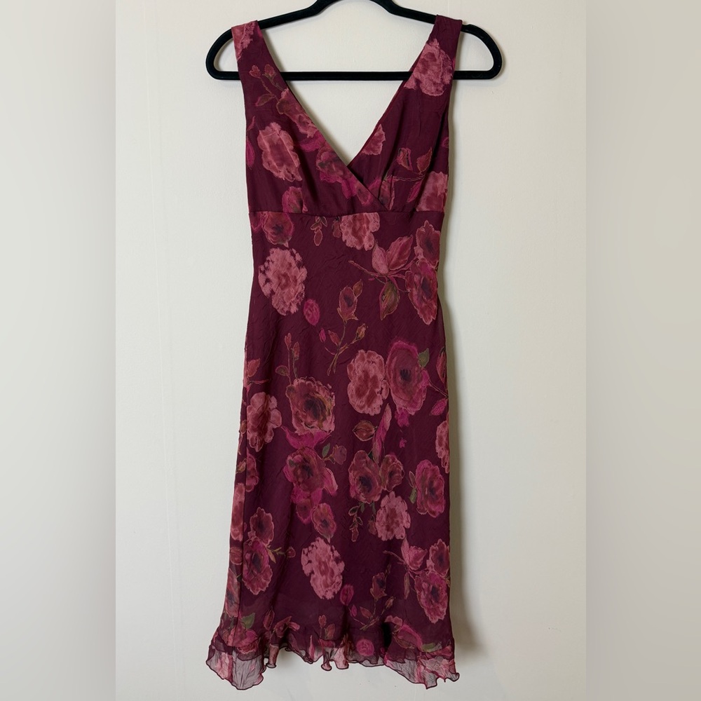City Triangles Womens Y2k 90s Slip Dress Sz 7/8 Burgundy Floral Watercolor Fairy